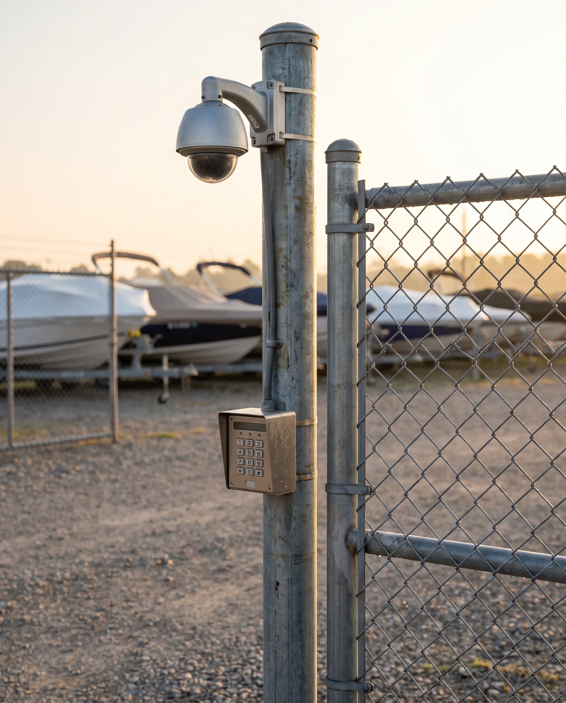 Security camera and keypad at the lot's steel gate