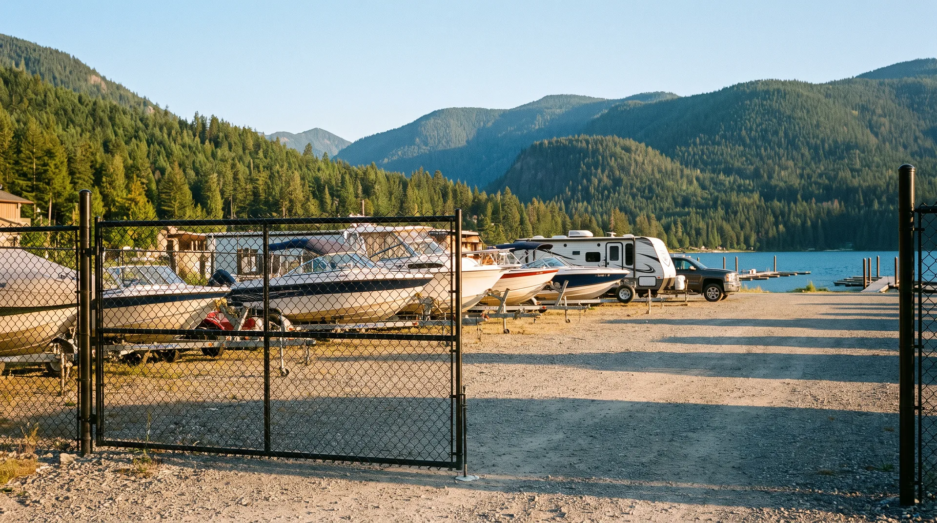 Boats on trailers and a camping trailer parked behind a gated fence, with mountains behind